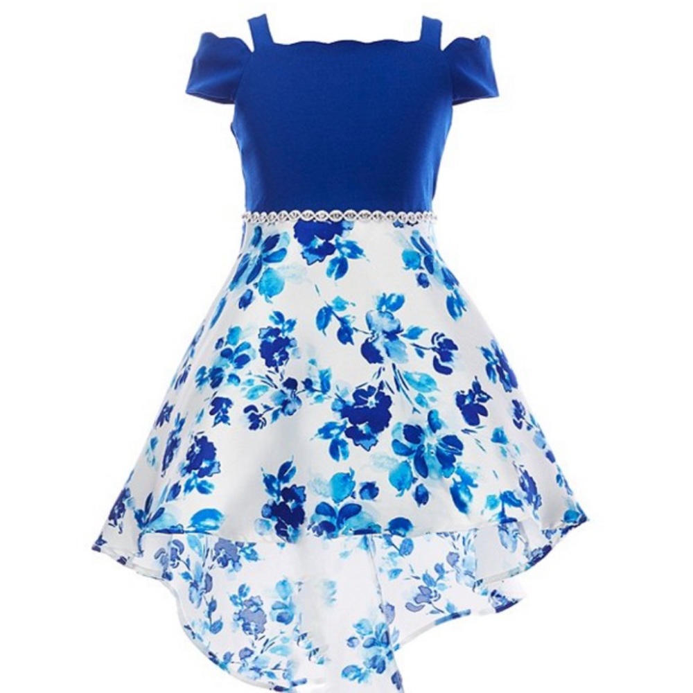 Cold-Shoulder Scuba Crepe/Floral Hi-Low Dress